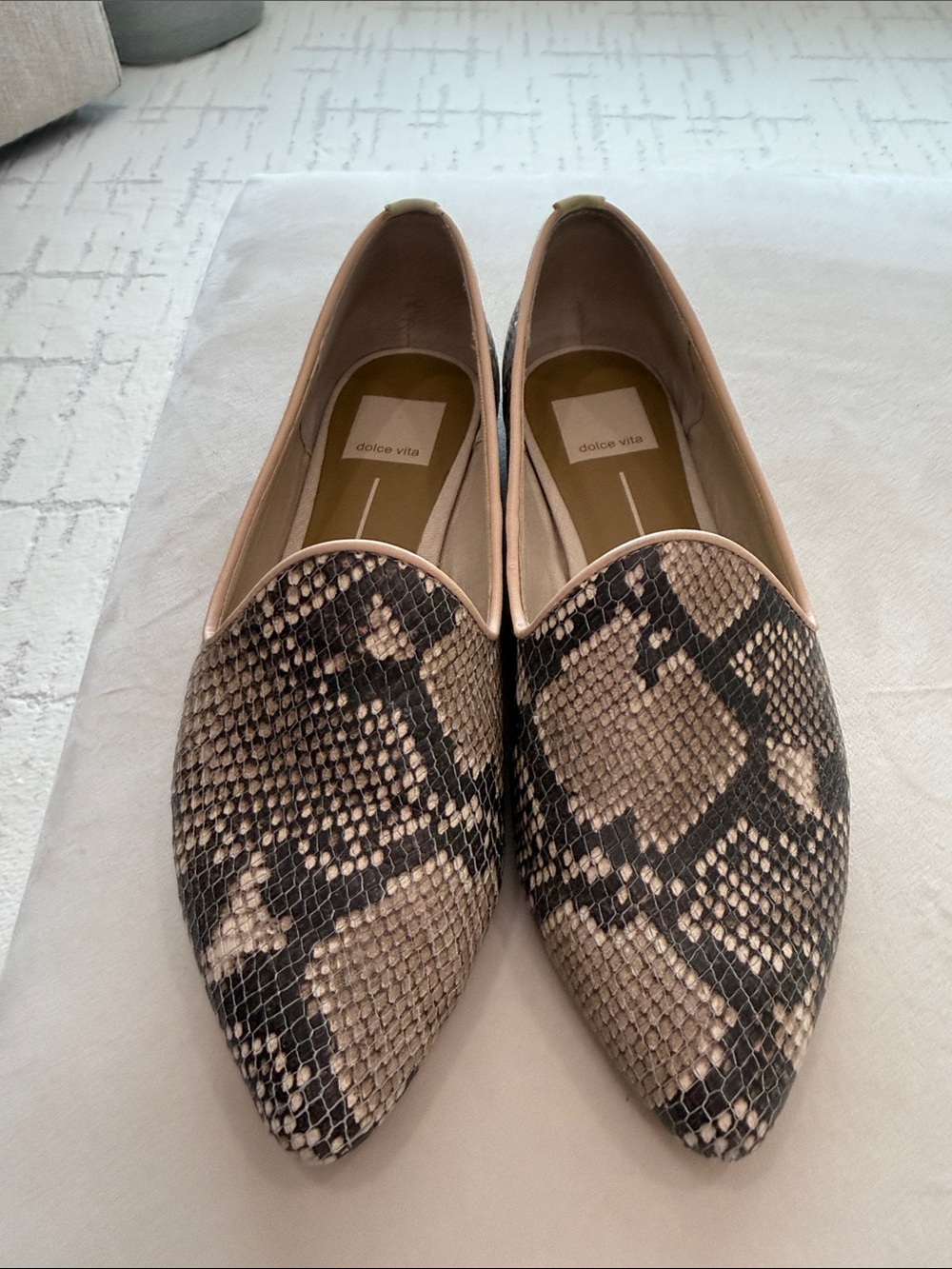 Dolce Vita Women's Snake-Print Pointed Flats in Beige and Black